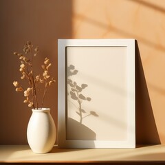 Realistic Beige Frame and Plant Vase on Matte Warm Background