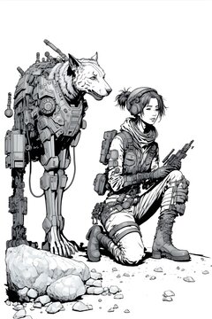 smiling female futuristic winter explorer kneeling down playing fetch with mech dog short dark hair camo mech dystopian realistic no shading clean line art coloring page 