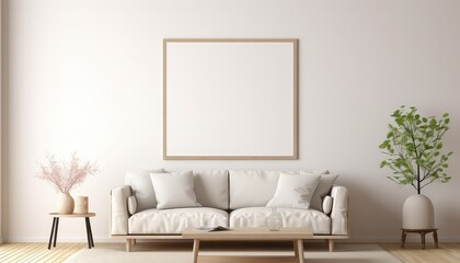  Minimalist Living Room Artist's Frame on Beige Rug - obrazy, fototapety, plakaty