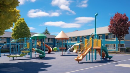 A school playground equipped with swings, slides, and a basketball court. - obrazy, fototapety, plakaty