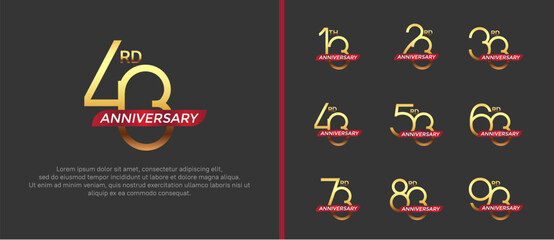 set of anniversary logo gold color and red ribbon on black background for celebration moment