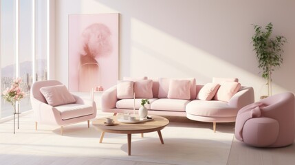 A living room with a pink couch and chairs