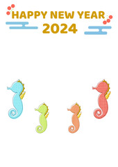 Happy New Year 2024, colorful New year's card of 4 seahorses(dragons).
