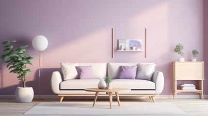 A living room with a white couch and purple walls