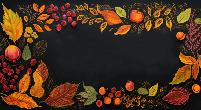 A blackboard with a chalk drawing of autumn leaves and fruits
