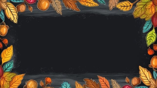 A blackboard with autumn leaves and acorns
