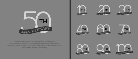 set of anniversary logo white color and black ribbon on gray background for celebration moment