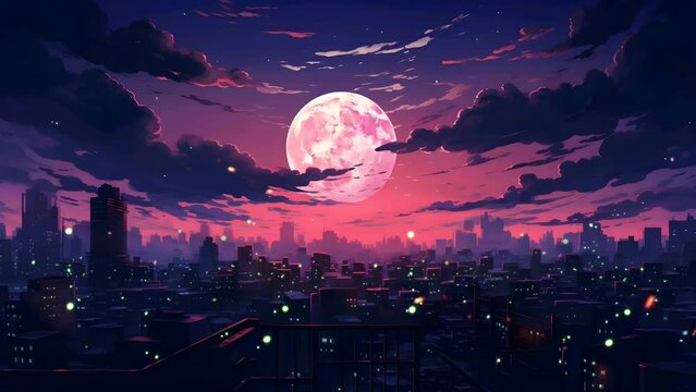 Best beautiful city night landscape with fireflies, big moon, and shooting stars. 4k loop anime cartoon animation style