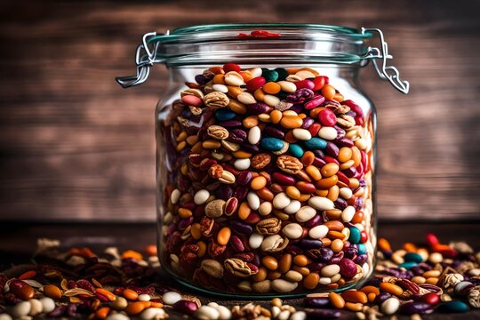 A glass jar filled with colorful layers of dried beans for cooking.