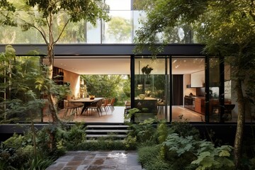 A contemporary and well-lit home space seamlessly blending with the outdoors. Generative AI