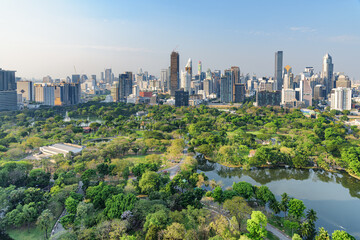 Awesome aerial view of Lumphini Park and Bangkok city, Thailand