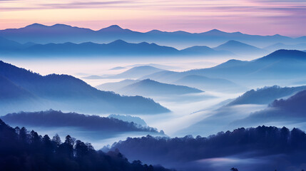 Visualize a serene mountain landscape during the early hours of dawn. The mountains rise majestically against a soft pastel sky, with their peaks touching the first rays of sunlight.