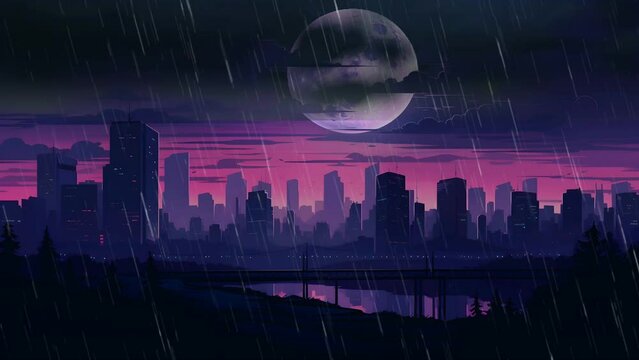 silhouette city landscape ​​at night with rainy scene, dark clouds and lightning covering the big moon. 4k loop anime cartoon animation
