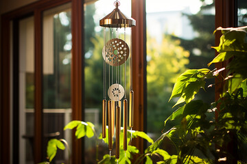 Freeze the moment when the wind chimes strike each other, highlighting the musical and rhythmic...