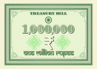 Vector green Treasury bond with a face value of 1000000 Indian rupee. One million. Vintage frame with guilloche mesh