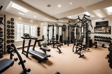 A home gym with state-of-the-art fitness equipment and motivational posters on the walls.