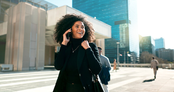 Walking, City Or Happy Businesswoman On A Phone Call Talking, Networking Or Speaking In Travel. Mobile Communication, Chat Or Biracial Female Entrepreneur In Conversation, Discussion Or Negotiation