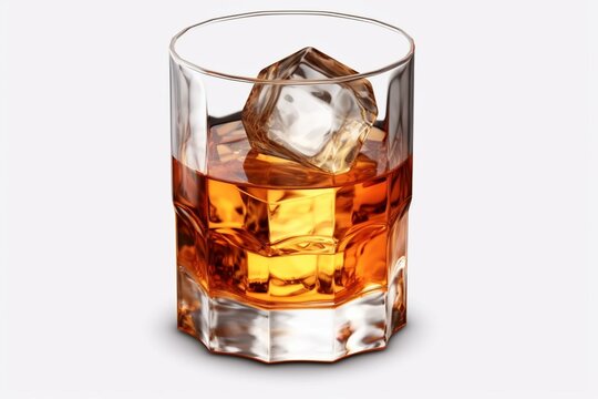 Image of scotch whiskey with ice in a glass, on a transparent background. PNG format. Generative AI
