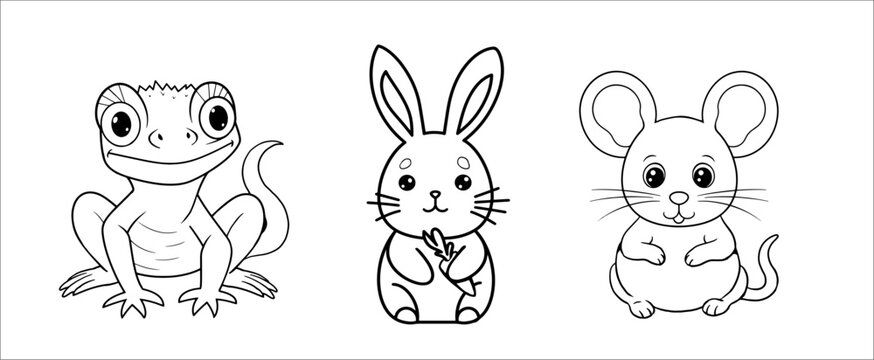 Cute funny lizard, rabbit and mouse for coloring. Vector template for a coloring book with funny animals. Colouring page for kids.	