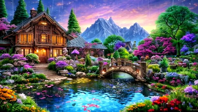 Fantasy view of beautiful house with rain falling in mountain valley. Rural fantasy landscape background. Seamless looping video animation virtual background