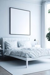 White bedroom interior with empty poster on the wall, 3d render.