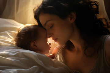 mother kissing her baby in bed