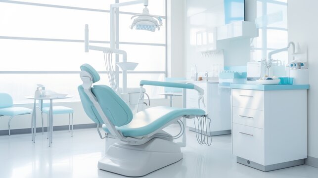 A dentist's chair and equipment are featured in a brightly lit treatment room.