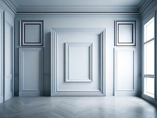 Classic interior with empty frames on the wall. 3d render illustration.