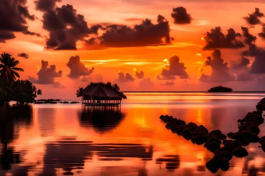 A breathtaking sunset over a secluded Maldivian island, painting the sky in shades of orange and pink, reflected in the calm lagoon.