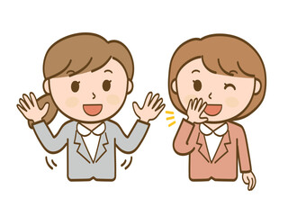 楽しくおしゃべりをするスーツ姿の女性会社員2人