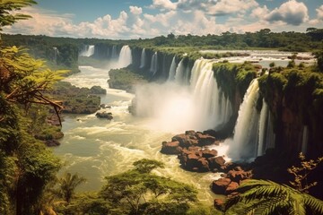 Stunning Iguazu Falls scenery seen from the Brazilian side in South America. Generative AI