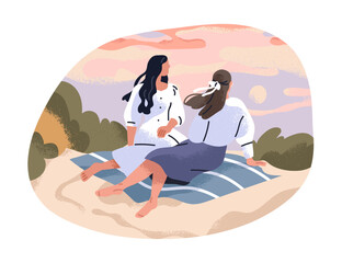 Girls couple looking at sky with sunset and clouds. Women friends relaxing outdoors in nature, watching, enjoying evening landscape view. Inspiration concept. Flat graphic vector illustration