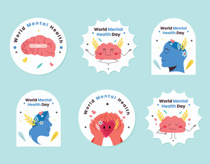 World Mental Health Day template. Round clip art, sticker, logo template. Brain with flowers on a blue background.