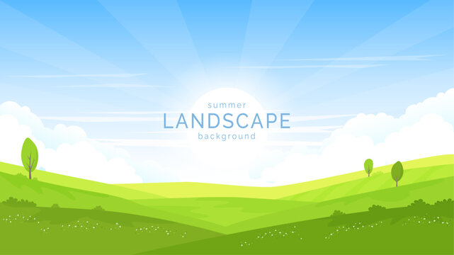 Rural landscape. Fields and meadows covered with green grass, flowers and trees. Summer sunny day, clear sky. Agriculture, farm, land, fields. Banner, postcard, background design. Vector image.