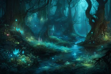 A mystical forest filled with bioluminescent plants and creatures.
