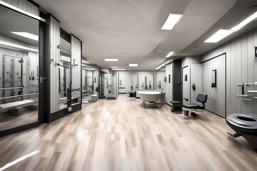 A clean and modern restroom area within a gym.