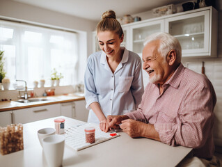 nurse explains to an elderly patient how to use the tablets during a home visit