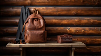 A leather travel backpack and its essentials are showcased against a backdrop of rustic wooden wall. - obrazy, fototapety, plakaty