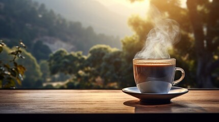 Cup of coffee on table with nature in background, AI-generative - obrazy, fototapety, plakaty