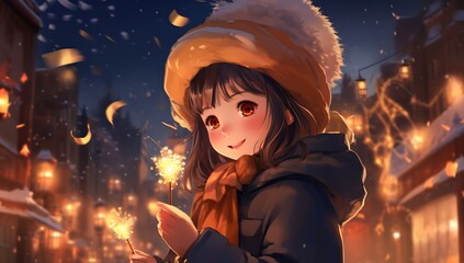 A young girl in winter clothes holds a sparkler on a snowy street at night. Anime New Year and Christmas concept.