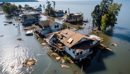 Aerial view of a flooded house on the shore of Lake