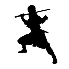 Silhouette of a male warrior in action pose with sword weapon. Silhouette of a man fighter carrying sword weapon.