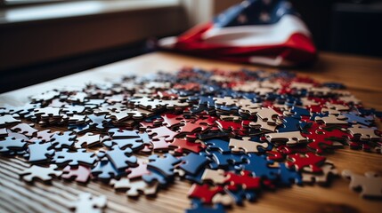 Naklejka premium Puzzle pieces on a wooden table