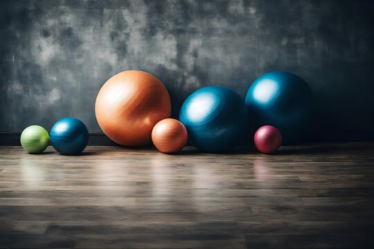 A row of exercise balls in different sizes lined up against a wall.
