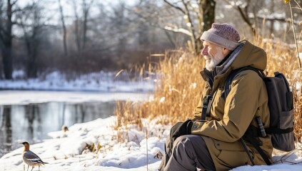 Fototapeta na wymiar Senior man sitting on the bank of a frozen lake and enjoying the winter scenery
