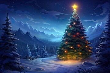 Christmas tree with lights and a star against the backdrop of a winter landscape with fir trees, mountains and the sky at night. Anime New Year and Christmas concept.