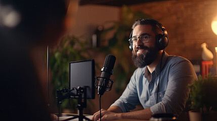 Adult male influencer or content creator recording a video podcast or YouTube video. Speaking into camera.