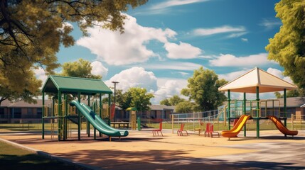 A school playground equipped with swings, slides, and a basketball court.