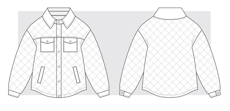 Quilted jacket shirt technical scketch. Vector illustration.