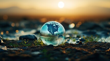 Glass globe with the image of the planet Earth against the background of the setting sun.